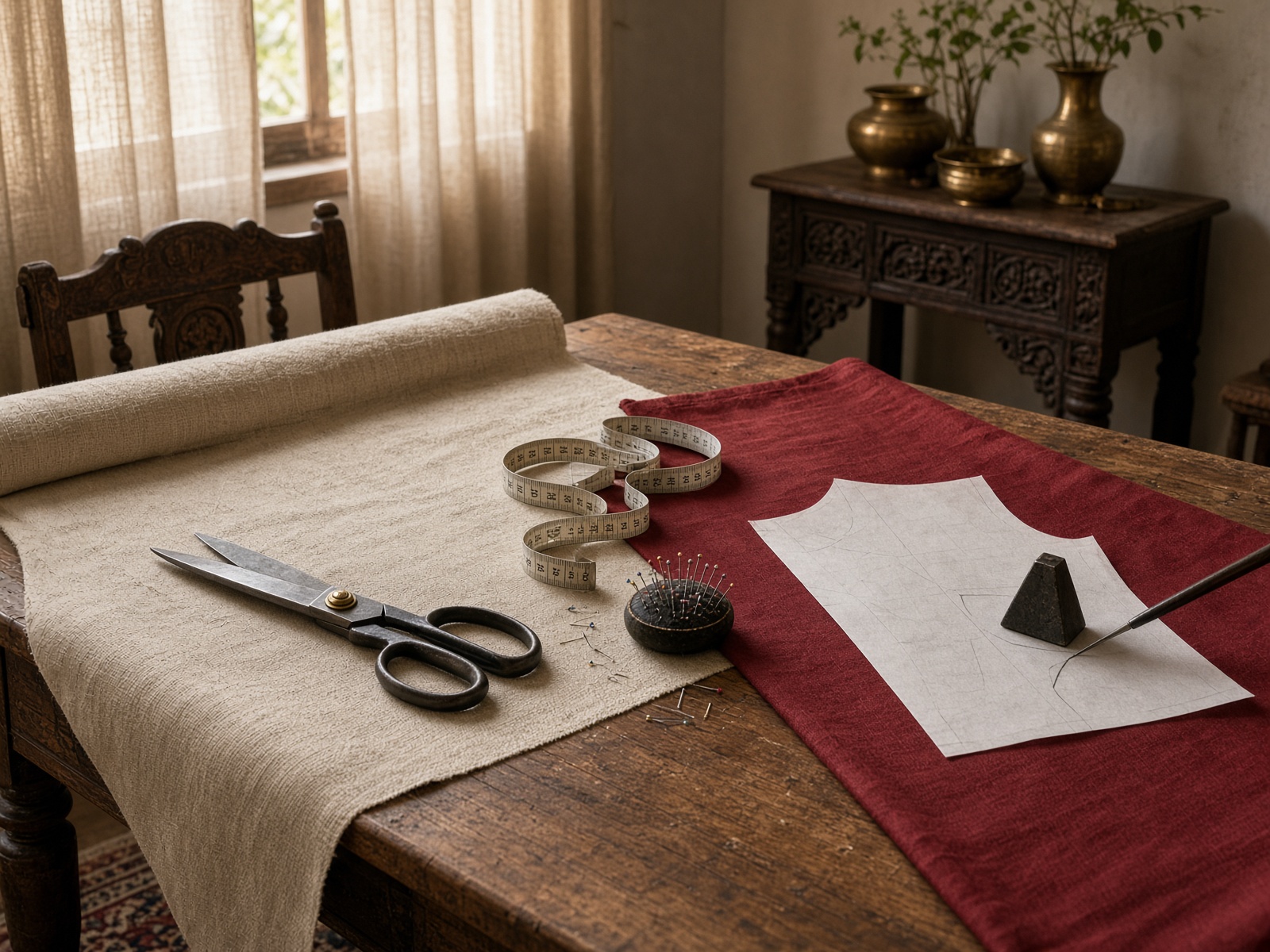 Made-to-measure curtain cloth being marked in the Kukreja Furnishings workroom, Pimpri