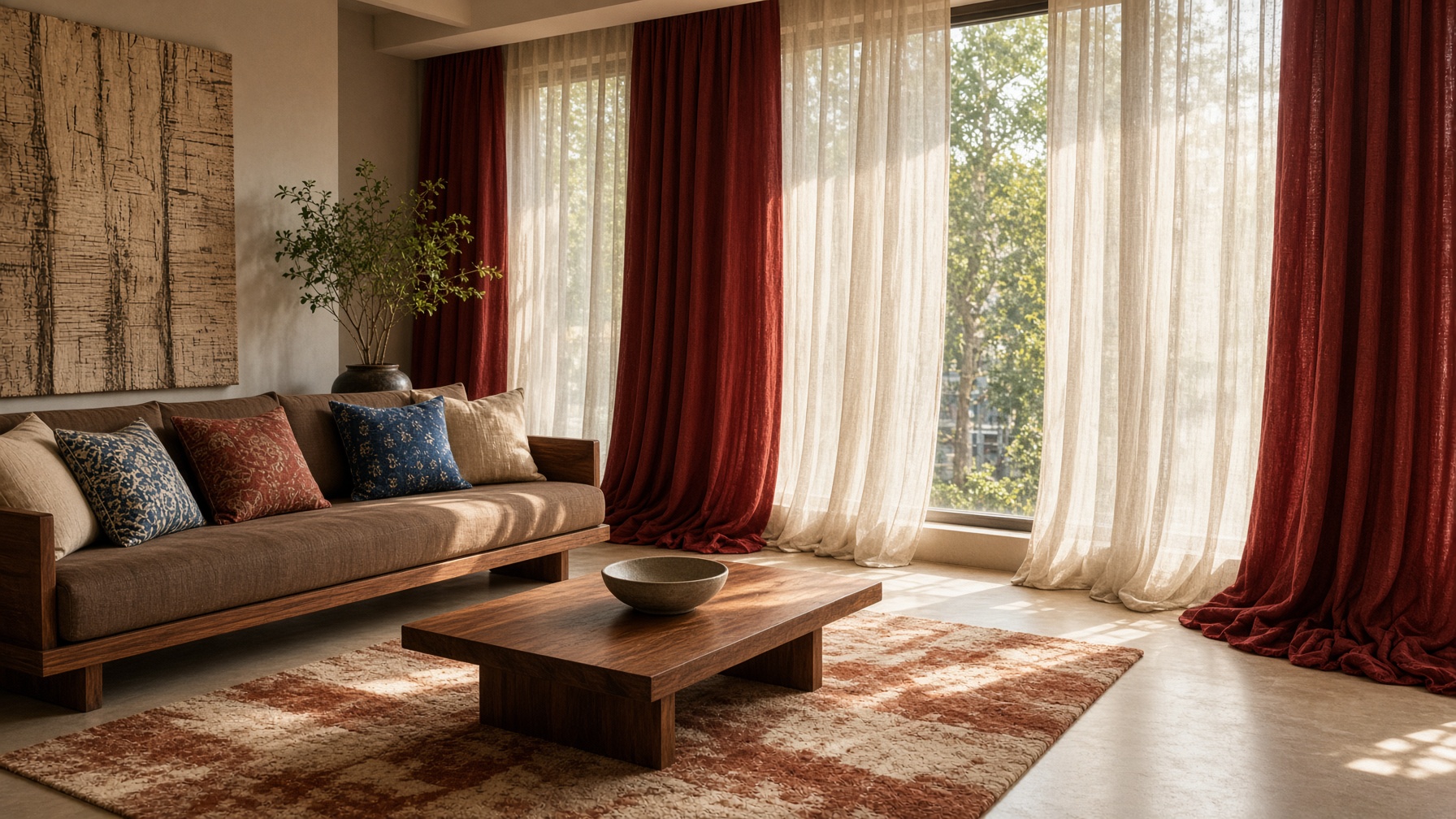 Layered ivory sheer curtains and madder drapes in a Pune living room at Kukreja Furnishings