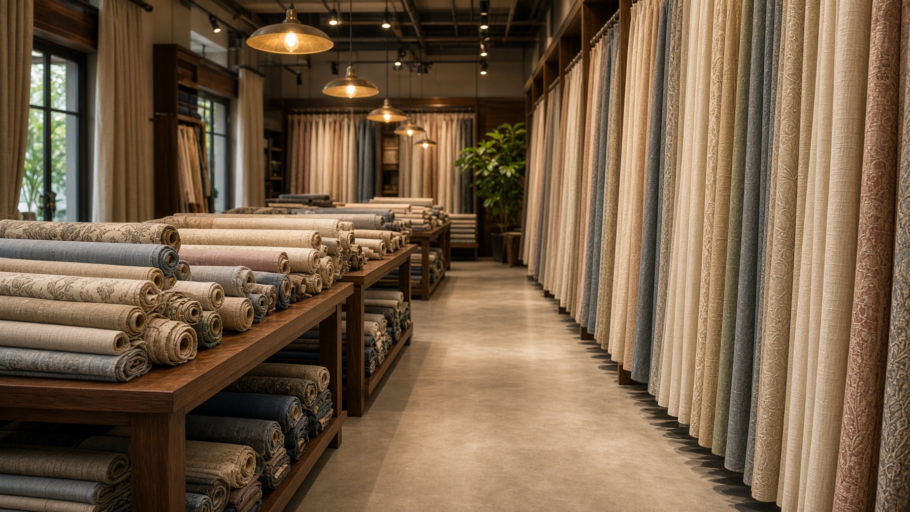 Fabric rolls in the showroom